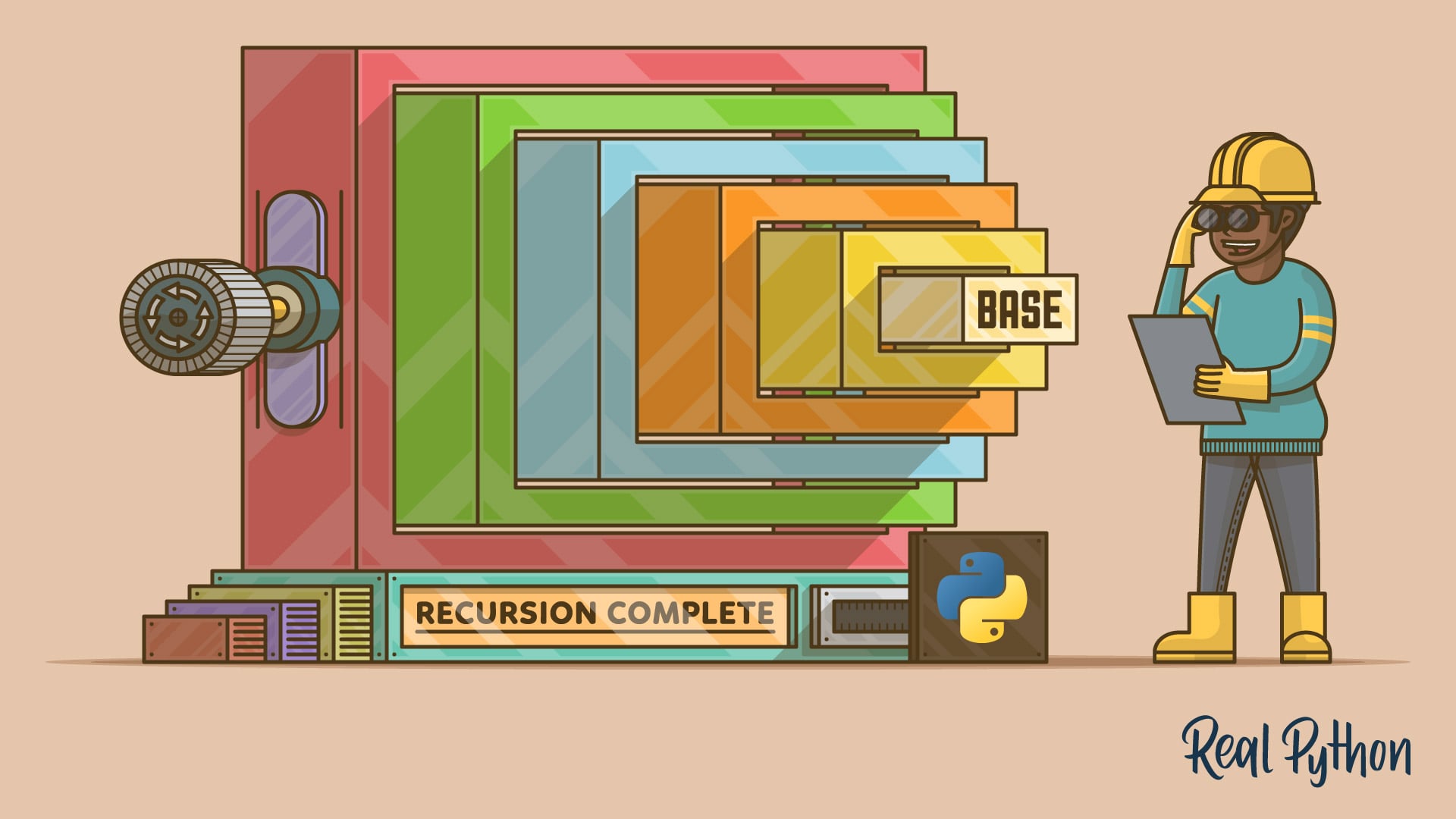 The image illustrates the concept of recursion in programming, featuring a stack of colored boxes that represent the process of breaking down problems into smaller parts, with a focus on implementing recursion in Python.